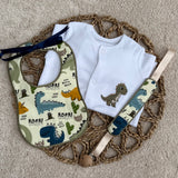 Personalised Dinosaur Baby Set – Sleepsuit, Handmade Bib & Dummy Clip