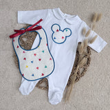 Personalised White & Blue Mouse Print Baby Sleepsuit with Handmade Bib
