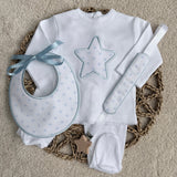 Personalised White & Baby Blue Star Baby Set – Sleepsuit, Handmade Bib & Dummy Clip