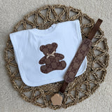 Brown Teddy Appliqué Bib & Handmade Dummy Clip Set
