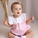 Luxury Pink Baby Girl Romper with Personalised Bib Collar – Woven Cotton