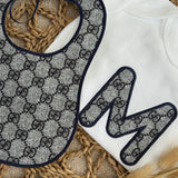 Personalised Monogram Baby Gift Set – Handmade Initial Sleepsuit & Bib