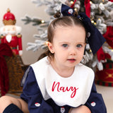 Personalised Navy Santa Christmas Baby Girls Romper with Oversized Bib Collar