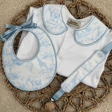 Boys Blue Safari Print Handmade Sleepsuit, Dummy Clip & Bib Set