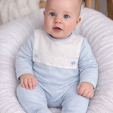 Baby Boys Blue Sleepsuit with Lace Bib