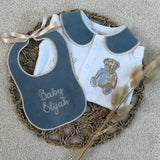 Boys Jade Blue Bear Handmade Sleepsuit And Bib