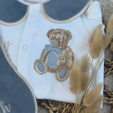 Boys Jade Blue Bear Handmade Sleepsuit And Bib