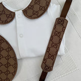 Boys Soft Brown Print Handmade Sleepsuit, Dummy Clip & Bib Set