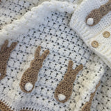 Baby's Beige Bunny Rabbit Handmade Cardigan and Blanket Set