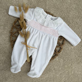 Baby Girl’s Evie White &  Pink Smocked Sleepsuit