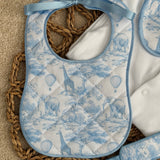 Boys Blue Quilted Safari Print Handmade Sleepsuit, Dummy Clip & Bib Set