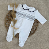 Baby Boys White & Navy Smocked Cotton Sleepsuit
