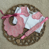 Girls Baby Pink Print Handmade Sleepsuit, Dummy Clip & Bib Set