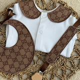Boys Soft Brown Print Handmade Sleepsuit, Dummy Clip & Bib Set