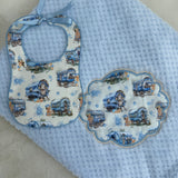 Boy's Blue Waffle Blanket & Hand made bib Gift Set