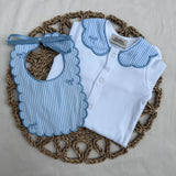 Girls Blue Stripe Bow Handmade Sleepsuit & Bib Set