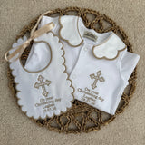 Baby's Personalised Christening Day Baby grow and white satin Bib