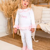 Girls White & Pink Personalised Frilly Pyjamas