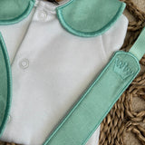 Boys Soft Mint Handmade Sleepsuit, Dummy Clip & Bib Set