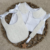 Baby’s Unisex Pearl Handmade Sleepsuit, Bib & Dummy Clip Set