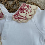 Baby Girls cream & Red Vintage Handmade Sleepsuit & Bib