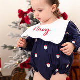 Personalised Navy Santa Christmas Baby Girls Romper with Oversized Bib Collar