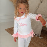 Girls White & Pink Personalised Frilly Pyjamas