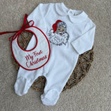 Baby’s Christmas Unisex Santa’s Sleepsuit & Hamdmade Bib