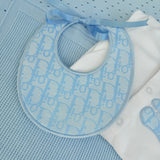 Boys Blue Billy Bear Handmade Sleepsuit & Bib Set