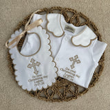 Baby's Personalised Christening Day Baby grow and white satin Bib