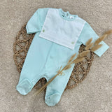 Baby Boys Mint Sleepsuit with Lace Bib
