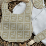 Baby’s Unisex champagne inspired Handmade Sleepsuit, Bib & Dummy Clip Set