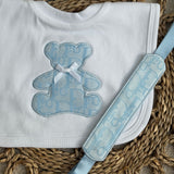 Blue Teddy Appliqué Bib & Handmade Dummy Clip Set