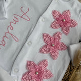 Personalised Pink Flower Sleepsuit, Bib & Headband | Luxury Baby Girls Coming Home Outfit