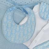 Boys Soft Blue Handmade Sleepsuit, Dummy Clip & Bib Set