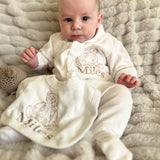 Unisex Baby Personalised Bear Sleepsuit Set With Hat & Bib