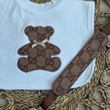 Brown Teddy Appliqué Bib & Handmade Dummy Clip Set
