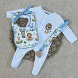 Personalised Safari Baby Sleepsuit Set with Bib & Dummy Clip