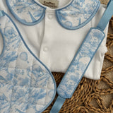 Boys Blue Quilted Safari Print Handmade Sleepsuit, Dummy Clip & Bib Set