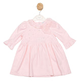 Girls Mintini Pink Dress with Diamante Front Detail, Frilled Cuffs and Tulle Collar & Bow