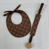 Baby's Brown Handmade Round Bib & Dummy Clip