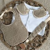 Baby’s Unisex Beige inspired Handmade Sleepsuit, Bib & Dummy Clip Set