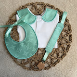 Boys Soft Mint Handmade Sleepsuit, Dummy Clip & Bib Set
