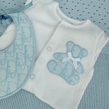 Boys Blue Billy Bear Handmade Sleepsuit & Bib Set