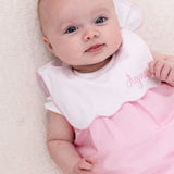Luxury Pink Baby Girl Romper with Personalised Bib Collar – Woven Cotton