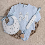 Personalised Baby Blue Hot Air Balloon Baby Set – Sleepsuit, Handmade Bib & Dummy Clip