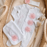 Personalised Pink Floral Sleepsuit, Bib & Headband | Luxury Baby Girls Coming Home Outfit