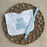 Blue Teddy Appliqué Bib & Handmade Dummy Clip Set