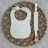 Baby's Champagne inspired Fendi Bib & Dummy Clip Set
