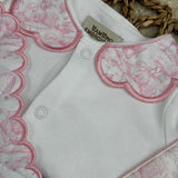 Girls Baby Quilted Pink Safari Print Handmade Sleepsuit, Dummy Clip & Bib Set